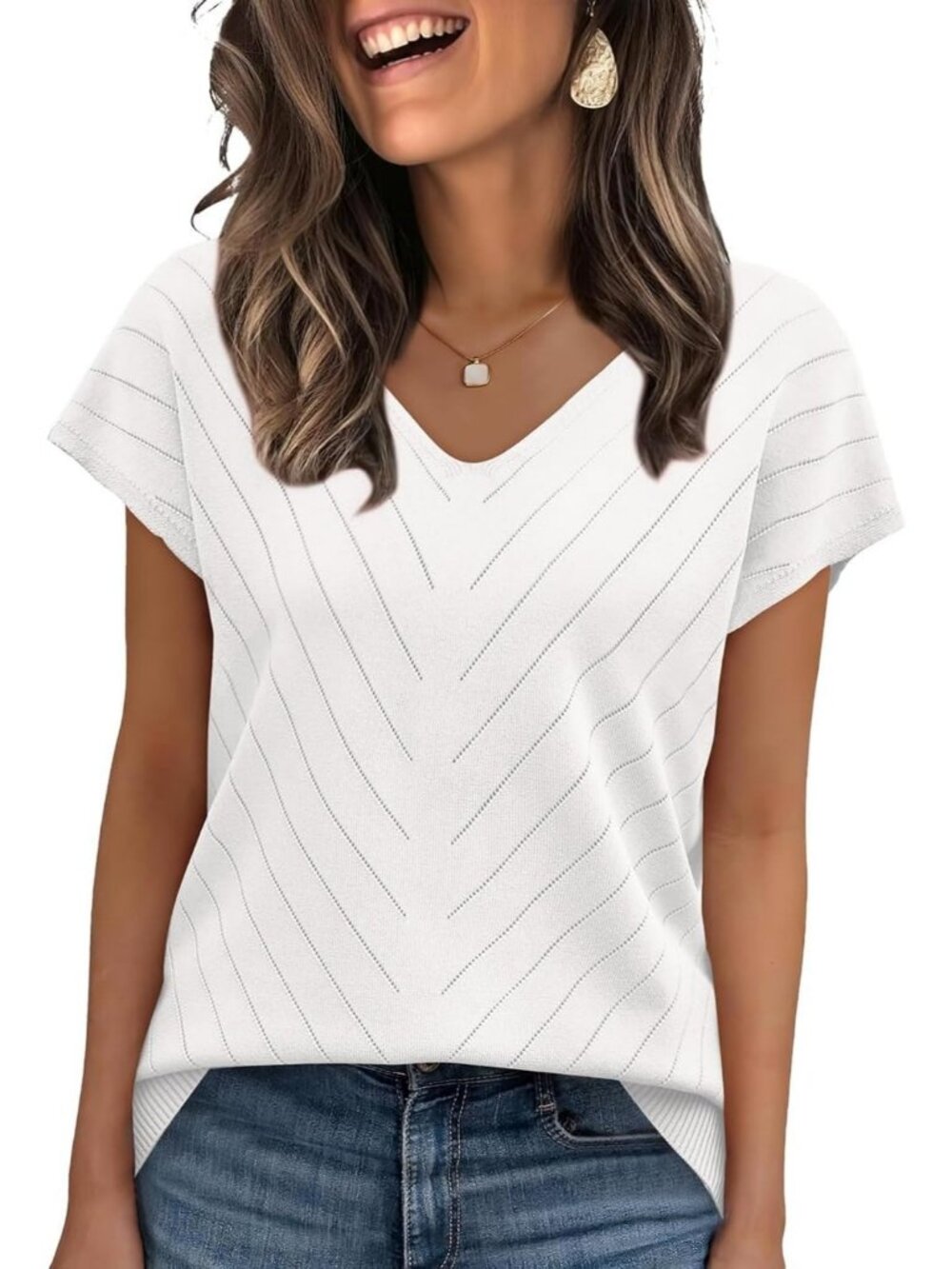 Women's White Trendy Summer Tops Sweater Pullover V-Neck Pull On Short Sleeve